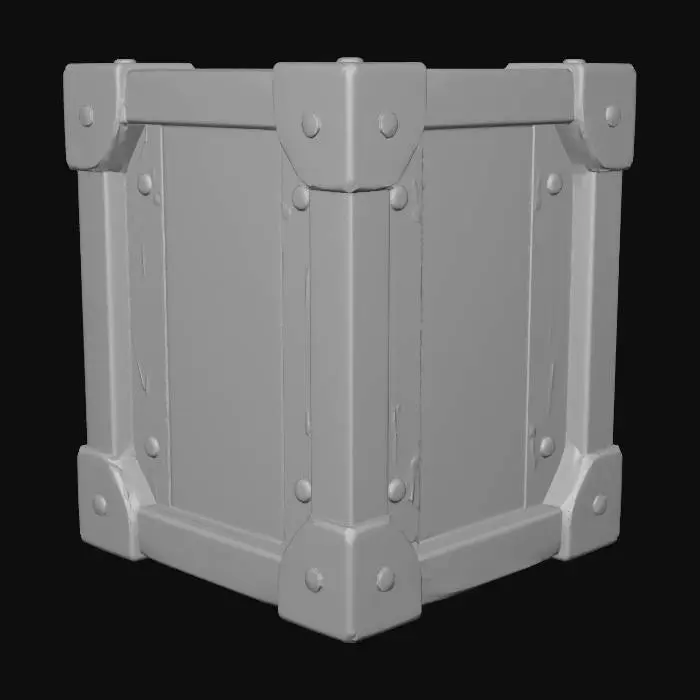 3D model for A wooden cube box, reinforced by metal strips, completely enclosed wooden cube box, perfect cube, detailed wood grain, detailed metal strips