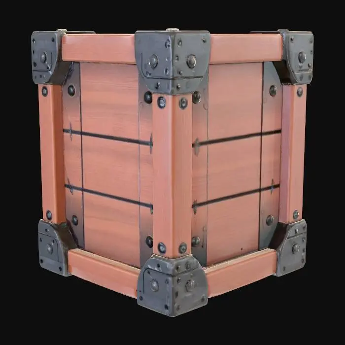 3D model for A wooden cube box, reinforced by metal strips, completely enclosed wooden cube box, perfect cube, detailed wood grain, detailed metal strips