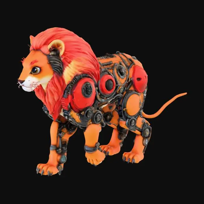 3D model for a humanoid lion cub with metallic cybertronic features, in cyberpunk hybrid steampunk style theme, using medieval colour scheme, the lion cub has a full adult mane, the adult mane is fiery red, walking down on all fours, with a long tail
