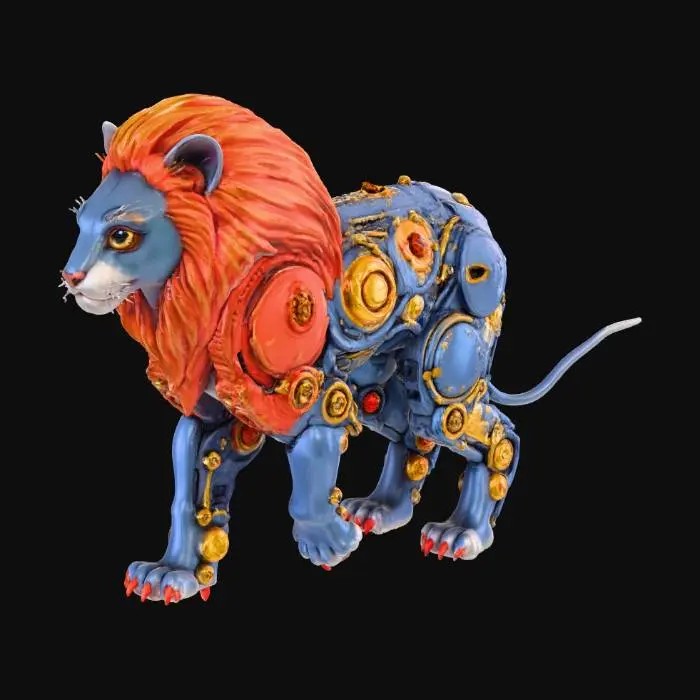 3D model for a humanoid lion cub with metallic cybertronic features, in cyberpunk hybrid steampunk style theme, using medieval colour scheme, the lion cub has a full adult mane, the adult mane is fiery red, walking down on all fours, with a long tail