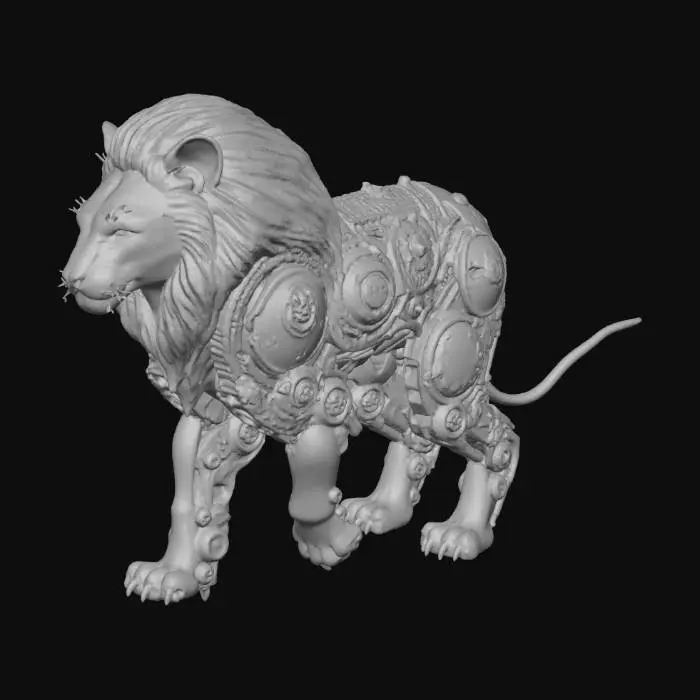 3D model for a humanoid lion cub with metallic cybertronic features, in cyberpunk hybrid steampunk style theme, using medieval colour scheme, the lion cub has a full adult mane, the adult mane is fiery red, walking down on all fours, with a long tail