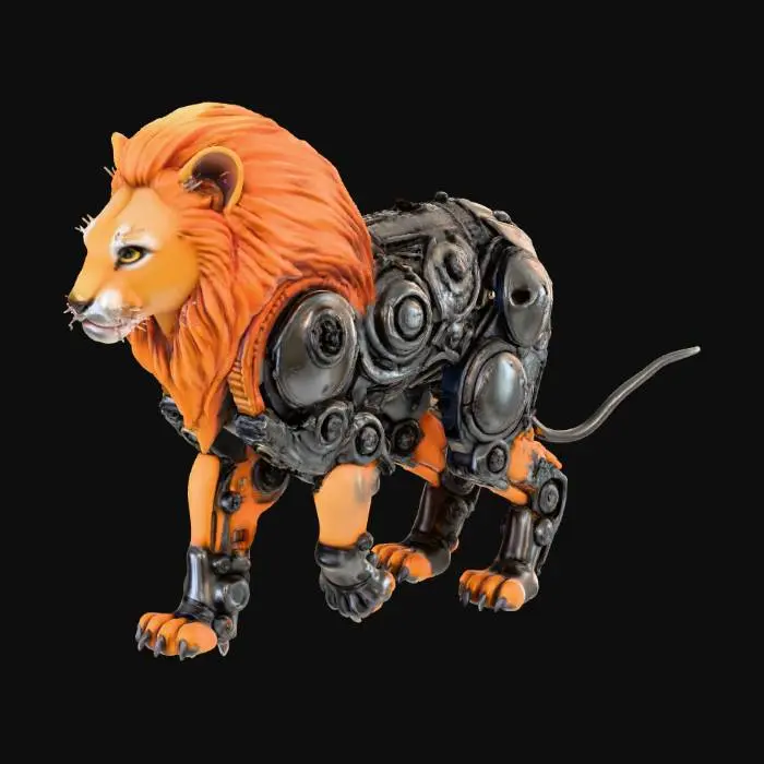 3D model for a humanoid lion cub with metallic cybertronic features, in cyberpunk hybrid steampunk style theme, using medieval colour scheme, the lion cub has a full adult mane, the adult mane is fiery red, walking down on all fours, with a long tail