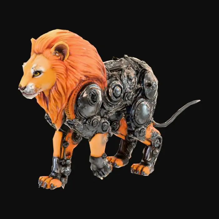 3D model for a humanoid lion cub with metallic cybertronic features, in cyberpunk hybrid steampunk style theme, using medieval colour scheme, the lion cub has a full adult mane, the adult mane is fiery red, walking down on all fours, with a long tail