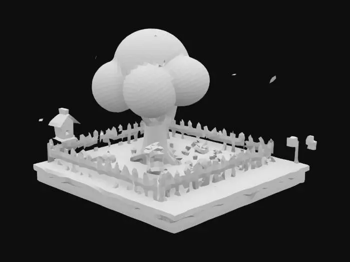 3D model for The object is a square garden with a textured wooden fence, containing a round, leafy tree and various colorful, roughly modeled flowers on a grassy and soil base. Populate the foreground with vibrant flowers: delicate white lilies, clusters of star-shaped jasmine, and complementary blooms sunflowers, Enhance realism with ambient elements: butterflies hovering near flowers, bees mid-flight, and optional details like a quaint birdhouse on the fence Use a clean, low-poly or cartoonish art style