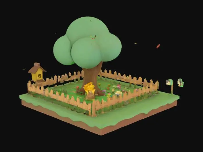 3D model for The object is a square garden with a textured wooden fence, containing a round, leafy tree and various colorful, roughly modeled flowers on a grassy and soil base. Populate the foreground with vibrant flowers: delicate white lilies, clusters of star-shaped jasmine, and complementary blooms sunflowers, Enhance realism with ambient elements: butterflies hovering near flowers, bees mid-flight, and optional details like a quaint birdhouse on the fence Use a clean, low-poly or cartoonish art style