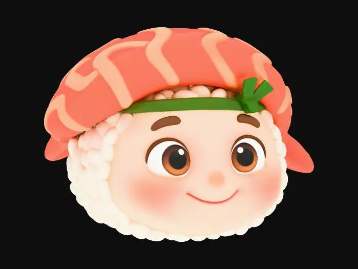 3D model for “High-quality Pixar-style 3D cartoon render of a single sushi piece character. Cute and expressive face with big friendly eyes and a warm smile. Soft rounded shapes, smooth and clean geometry, vibrant yet balanced colors. Stylized rice texture and glossy fish with simplified details. Professional cinematic lighting, soft shadows, subtle reflections. Clean neutral background to isolate the character. Playful, charming, family-friendly animated movie aesthetic. Ultra-detailed, polished 3D render.”