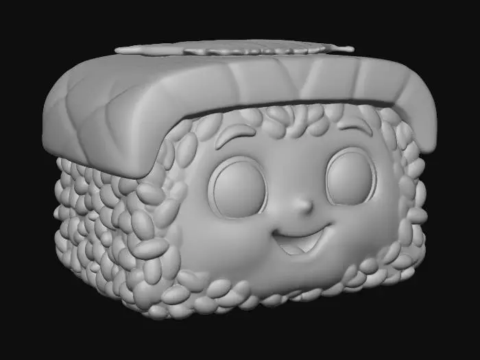 3D model for “High-quality Pixar-style 3D cartoon render of a single Oshizush piece character. Cute and expressive face with big friendly eyes and a warm smile. Soft rounded shapes, smooth and clean geometry, vibrant yet balanced colors. Stylized rice texture and glossy fish with simplified details. Professional cinematic lighting, soft shadows, subtle reflections. Clean neutral background to isolate the character. Playful, charming, family-friendly animated movie aesthetic. Ultra-detailed, polished 3D render.”