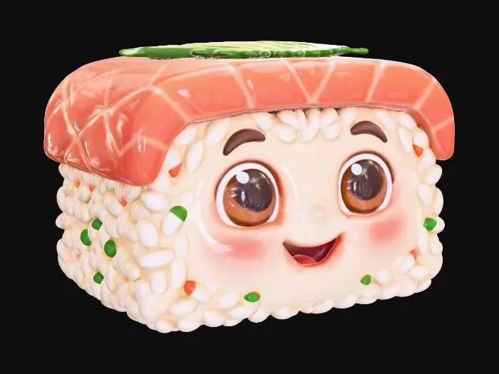 3D model for “High-quality Pixar-style 3D cartoon render of a single Oshizush piece character. Cute and expressive face with big friendly eyes and a warm smile. Soft rounded shapes, smooth and clean geometry, vibrant yet balanced colors. Stylized rice texture and glossy fish with simplified details. Professional cinematic lighting, soft shadows, subtle reflections. Clean neutral background to isolate the character. Playful, charming, family-friendly animated movie aesthetic. Ultra-detailed, polished 3D render.”