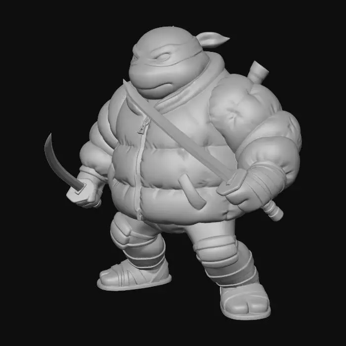 3D model for generate me an image of the ninja turtle Leonardo. Its shell has an inflated down jacket effect with a lot of volume and folds. he is standing holding his two katanas in a dynamic fighting position - he is seen facing the camera. The shell is larger in proportion than the rest of the body and the arms and legs must be stylized, the head occupies 1/3 in relation to the complete figure. The background of the image is white and does not have any information It is a simple art toy figure with clean details and a cartoon style