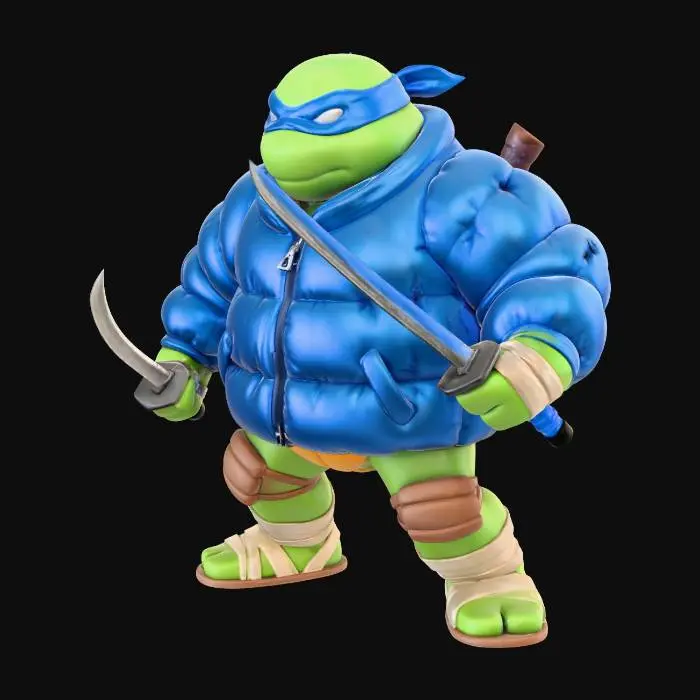 3D model for generate me an image of the ninja turtle Leonardo. Its shell has an inflated down jacket effect with a lot of volume and folds. he is standing holding his two katanas in a dynamic fighting position - he is seen facing the camera. The shell is larger in proportion than the rest of the body and the arms and legs must be stylized, the head occupies 1/3 in relation to the complete figure. The background of the image is white and does not have any information It is a simple art toy figure with clean details and a cartoon style