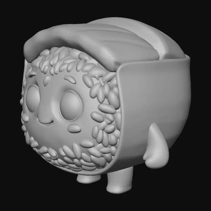 3D model for “High-quality Pixar-style 3D cartoon render of a single makizushi piece character. Cute and expressive face with big friendly eyes and a warm smile. Soft rounded shapes, smooth and clean geometry, vibrant yet balanced colors. Stylized rice texture and glossy fish with simplified details. Professional cinematic lighting, soft shadows, subtle reflections. Clean neutral background to isolate the character. Playful, charming, family-friendly animated movie aesthetic. Ultra-detailed, polished 3D render.”