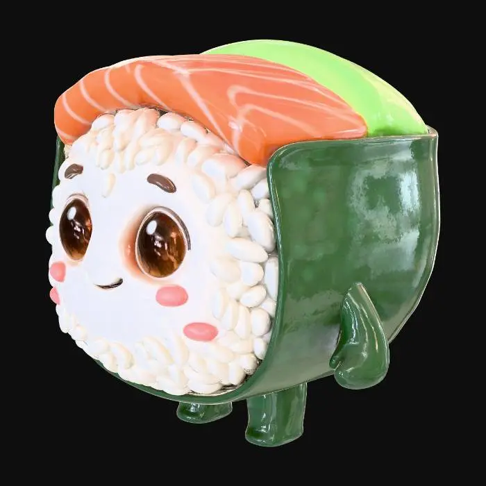 3D model for “High-quality Pixar-style 3D cartoon render of a single makizushi piece character. Cute and expressive face with big friendly eyes and a warm smile. Soft rounded shapes, smooth and clean geometry, vibrant yet balanced colors. Stylized rice texture and glossy fish with simplified details. Professional cinematic lighting, soft shadows, subtle reflections. Clean neutral background to isolate the character. Playful, charming, family-friendly animated movie aesthetic. Ultra-detailed, polished 3D render.”