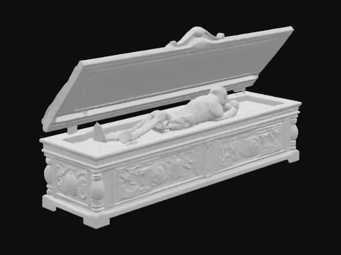 3D model for an executive desk made from an old coffin with a body still inside it slightly visible --hyper realistic.