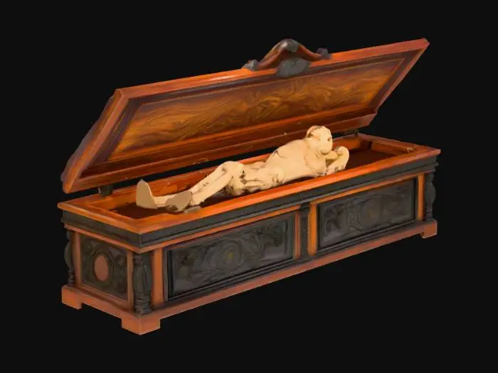 3D model for an executive desk made from an old coffin with a body still inside it slightly visible --hyper realistic.