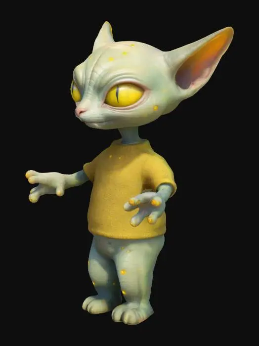 3D model for A cute, friendly alien, with yellow cat eyes, is waiting at a bus stop