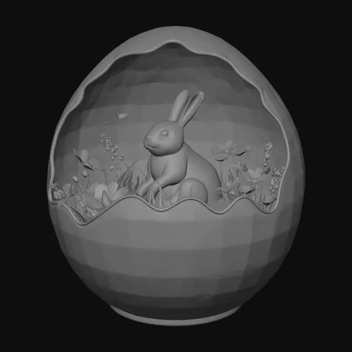 3D model for #EasterEgg2026#

A highly detailed ornamental Easter egg inspired by nature and renewal, featuring an intricate layered shell that partially opens like blooming petals. Inside the egg is a miniature spring ecosystem with a tiny crystal-clear pond, lush grass, blooming flowers, and a small glowing rabbit made of translucent material. The outer shell is decorated with elegant engraved patterns of vines, butterflies, and flowing organic curves, with a polished ceramic finish and subtle pastel gradients (soft pink, mint green, baby blue, and gold accents).
