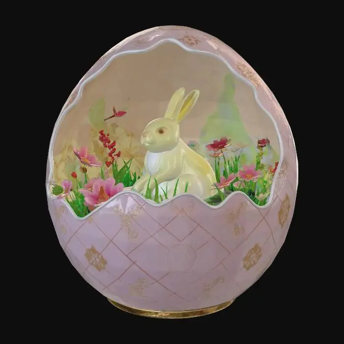 3D model for #EasterEgg2026#

A highly detailed ornamental Easter egg inspired by nature and renewal, featuring an intricate layered shell that partially opens like blooming petals. Inside the egg is a miniature spring ecosystem with a tiny crystal-clear pond, lush grass, blooming flowers, and a small glowing rabbit made of translucent material. The outer shell is decorated with elegant engraved patterns of vines, butterflies, and flowing organic curves, with a polished ceramic finish and subtle pastel gradients (soft pink, mint green, baby blue, and gold accents).