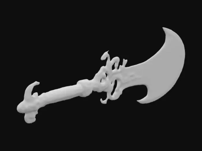 3D model for An ornate ceremonial machete, possessing a highly polished, silver-plated blade etched with intricate floral patterns along its length. The hilt is a sculpted, gilded gold, depicting mythical creatures, while the grip is wrapped in smooth, dark red velvet, culminating in a gleaming, jeweled pommel.