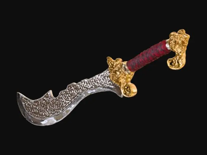 3D model for An ornate ceremonial machete, possessing a highly polished, silver-plated blade etched with intricate floral patterns along its length. The hilt is a sculpted, gilded gold, depicting mythical creatures, while the grip is wrapped in smooth, dark red velvet, culminating in a gleaming, jeweled pommel.