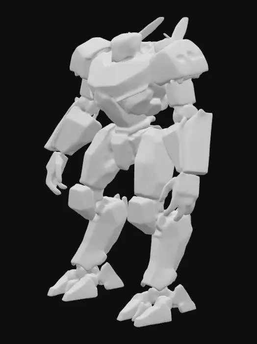 3D model for A battle-worn mech suit designed for urban combat. Bulky, with thick armor plating, scorch marks, and visible hydraulics. Realistic textures with chipped red paint and steel joints. Standing upright, arms slightly raised as if ready to fight. Photorealistic style, no weapons shown.