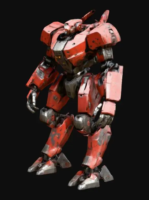 3D model for A battle-worn mech suit designed for urban combat. Bulky, with thick armor plating, scorch marks, and visible hydraulics. Realistic textures with chipped red paint and steel joints. Standing upright, arms slightly raised as if ready to fight. Photorealistic style, no weapons shown.