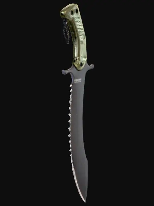 3D model for A modern tactical machete featuring a straight, lightweight blade made from matte black coated stainless steel, designed with a serrated sawback spine. The ergonomic handle is crafted from ridged, olive green polymer, providing a non-slip texture. A small, black lanyard hole is integrated into the hilt.
