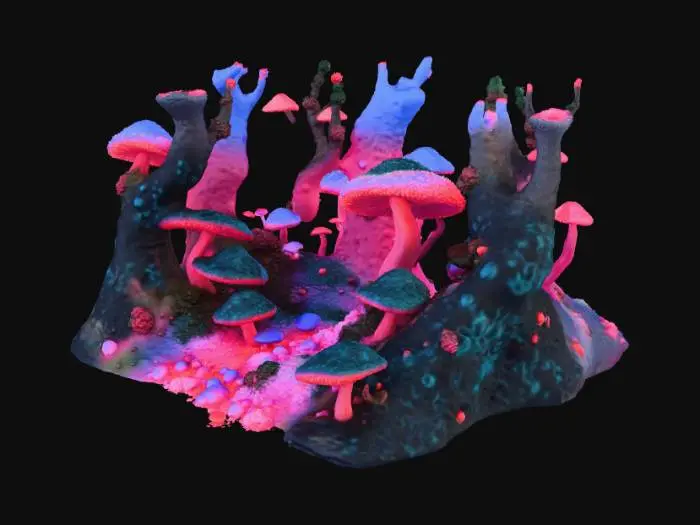 3D model for A Mycelial Jungle:
This biome replaces traditional plant life with a massive, interconnected fungal network that forms giant "trees" and a sprawling, purplish ground cover. Many insects and small creatures are bio luminescent to communicate and navigate. The dominant life forms are massive fungi that act like trees, using decay as their energy source and providing the biome's structure. The ground is soft, purplish, and potentially hazardous, with some areas being thick mats of slime molds or having hidden, dangerous sinkholes. The main challenges are navigation in the thick fog, the toxic and confusing effects of airborne spores, and the prevalence of decay and parasitic organisms.

ADD: many tree veins that interlock, and definitely add the animals listed on, fill up the whole ground.