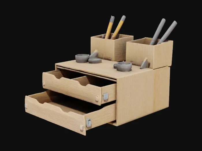 3D model for This versatile design will feature stackable and interlocking modules, each serving specific functions such as storage drawers for stationery, open compartments for larger items, and dedicated holders for writing instruments and devices. Constructed from eco-friendly plywood or high-quality plastic, the modules will have compact dimensions of 10 cm x 10 cm x 10 cm.