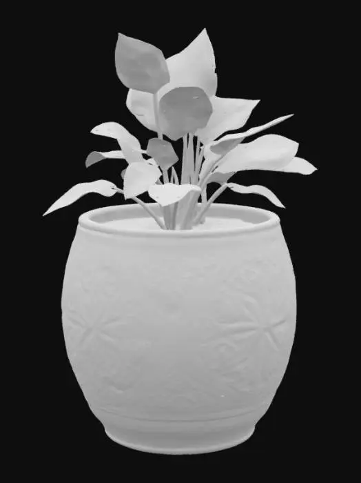 3D model for desk plant pot with articulate design on the surface and circular shape as a whole structure
