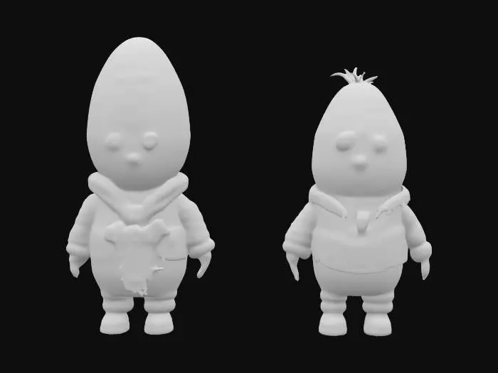 3D model for Create a quirky jungle-themed kitchen marketplace, where giant egg-headed mascots in frilly mango-yellow costumes wave flyers advertising flavors like “Bumbu Kecap IGOR” and “Cabe IGOR.” The characters are bold and theatrical—one sports a rectangular wood-texture head, another holds oversized seasonings like protest signs. Behind the food-obsessed characters is a whimsical interior—crayon-drawn herbs and chili peppers pinned like posters in a cooking arena. The vibe is both street-market and surreal stage performance—absurd yet oddly inviting.