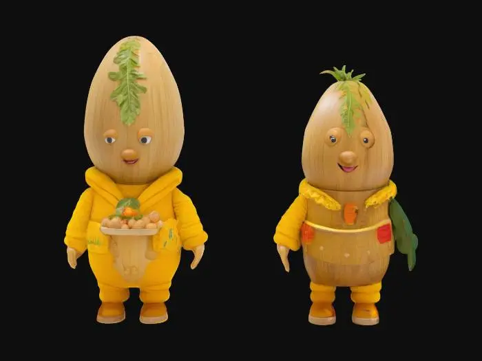 3D model for Create a quirky jungle-themed kitchen marketplace, where giant egg-headed mascots in frilly mango-yellow costumes wave flyers advertising flavors like “Bumbu Kecap IGOR” and “Cabe IGOR.” The characters are bold and theatrical—one sports a rectangular wood-texture head, another holds oversized seasonings like protest signs. Behind the food-obsessed characters is a whimsical interior—crayon-drawn herbs and chili peppers pinned like posters in a cooking arena. The vibe is both street-market and surreal stage performance—absurd yet oddly inviting.