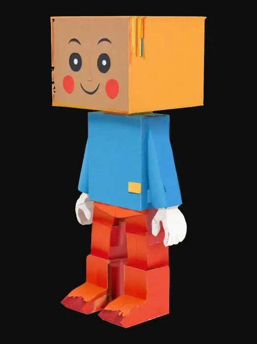 3D model for Design a cozy paper-craft world with blocky, cut-out characters and layered textures. One figure wears a blue top and red boots, with a square head and peaceful face. Beside them stands a round, hut-like creature made of orange and yellow paper strips, with large circular eyes and a patchy, bark-like texture. The environment is warm and handmade, filled with layered paper grass, wooden textures, and abstract, friendly structures. Everything feels soft, geometric, and crafted with care.

