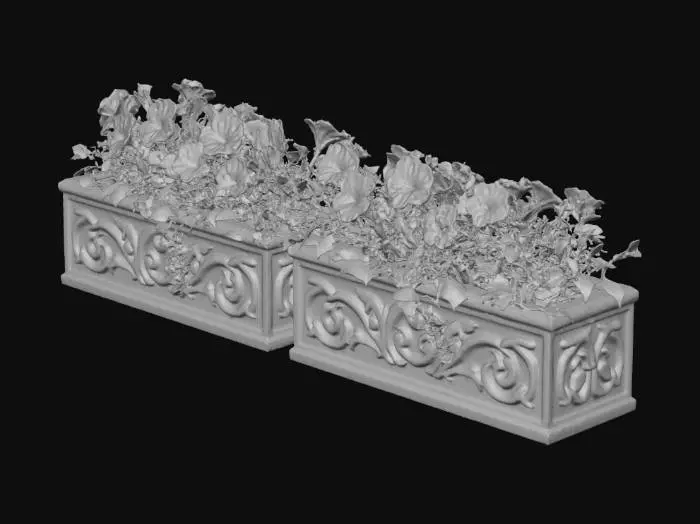 3D model for decorative window boxes with black and dark purple flowers.