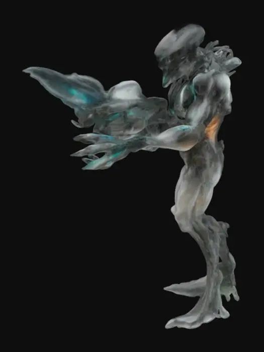 3D model for It's an alien made of flesh and mechanical tissue, it has a muscular body, sharp foot claws, an eye that glows blue, powerful blacks in both hands, the middle of the blacks are filled with blue energy and it glows and is extremely realistic.