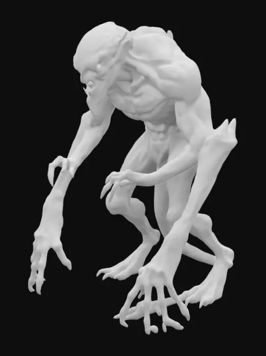 3D model for A huge scary creature with long legs and red eyes, strong and muscular scary in the pitch black darkness