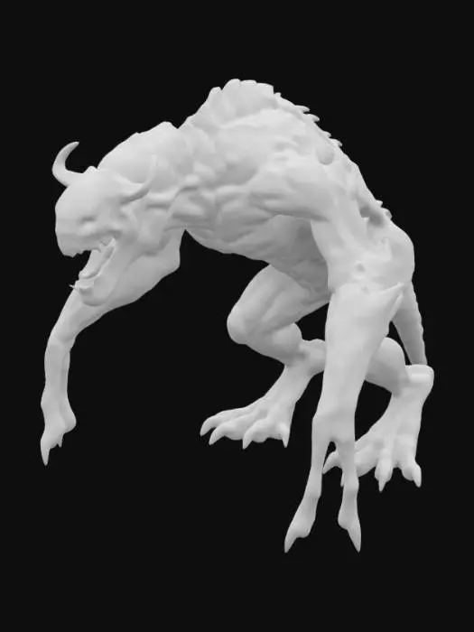 3D model for A huge scary creature with long legs and red eyes, strong and muscular scary in the pitch black darkness