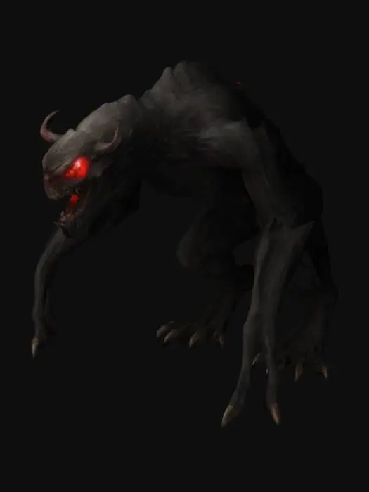 3D model for A huge scary creature with long legs and red eyes, strong and muscular scary in the pitch black darkness
