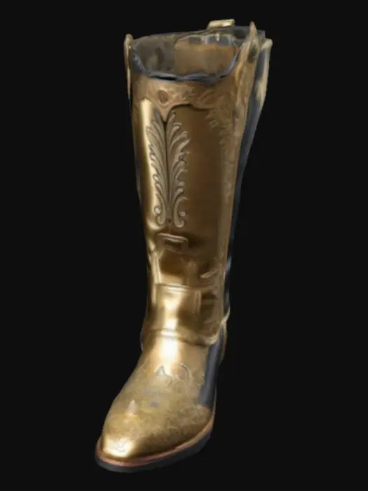 3D model for extremly detailed heavy armor womens boots with a small heel gold inlayed extremly fancy super powerful left boot only