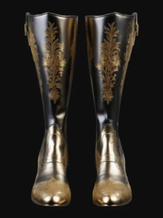 3D model for extremly detailed heavy armor womens boots with a small heel gold inlayed extremly fancy super powerful