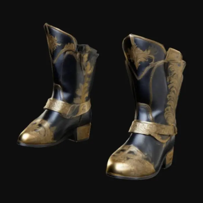 3D model for extremly detailed heavy armor womens boots with a small heel gold inlayed extremly fancy super powerful