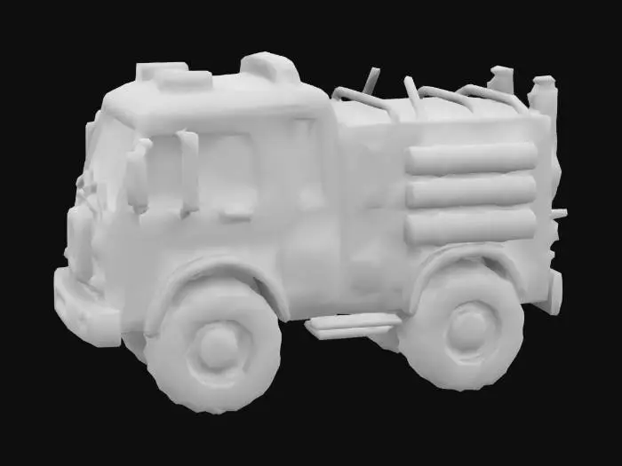 3D model for "Create a stylized, cartoon-style 3D model of a firetruck with exaggerated proportions and simplified details. The firetruck should have a bright red color scheme with bold outlines, oversized wheels, and playful, rounded shapes. Include fun, simplified elements such as ladders, hoses, and emergency lights, while keeping textures minimal and vibrant. The design should have a friendly, approachable look, suitable for animation or children's media, with smooth, glossy surfaces 