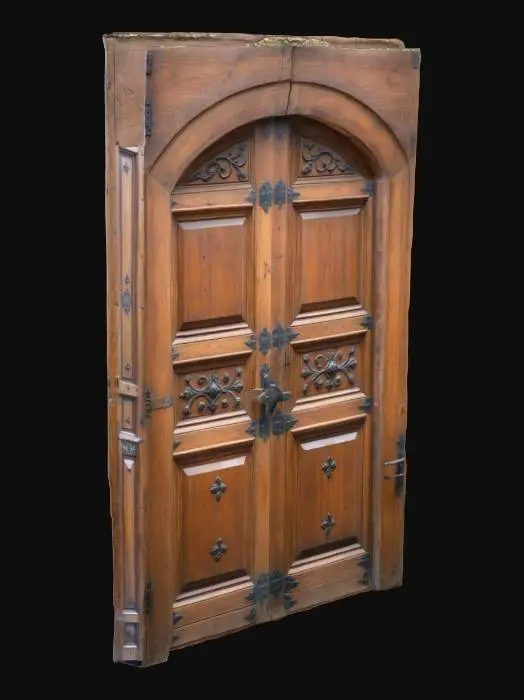 3D model for ortaçağ dönemine ait dikdörtgen şeklinde tahta kapı. 2 kapaklı, desenli işlemeli