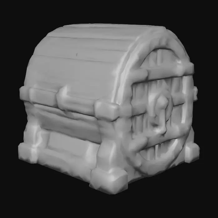 3D model for A large medieval bank vault. Massive stone and iron structure, reinforced with thick wooden beams and heavy metal bands. Closed and secure, no modern elements, only medieval style. Looks imposing and used for storing wealth or treasures.