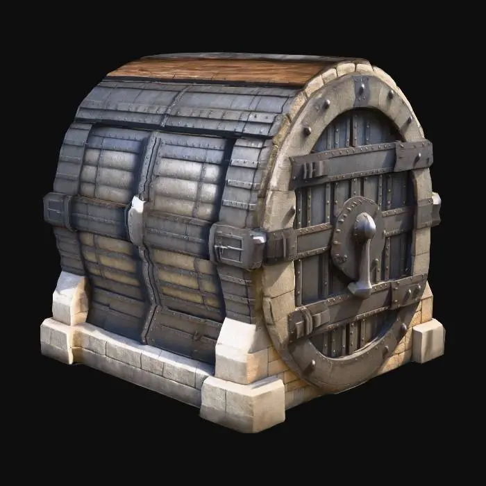 3D model for A large medieval bank vault. Massive stone and iron structure, reinforced with thick wooden beams and heavy metal bands. Closed and secure, no modern elements, only medieval style. Looks imposing and used for storing wealth or treasures.