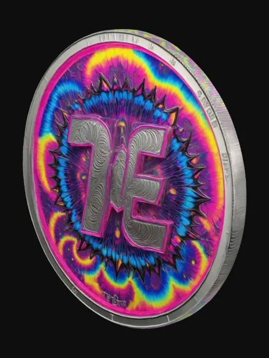3D model for The coin features a vibrant psychedelic color scheme with swirling neon pink, electric blue, yellow, and purple.  The coin has a raised metallic silver rim, giving it a polished finish. The overall design creates a hypnotic, trippy vibe, embodying a psychedelic theme. The back could feature abstract or fractal patterns to complement the design.

With the letters "TE" in the center of  the coin, The letters "TE" are bold, artistic, and slightly distorted, with a gradient from blue to pink/yellow.