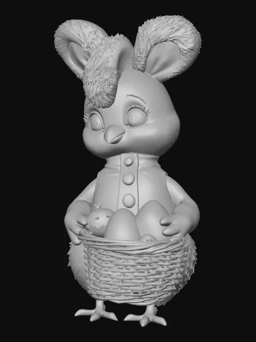 3D model for Chibi cartoon chicken character wearing oversized fluffy pink rabbit ears headband. Big sparkling eyes, tiny beak open in a happy smile. Round chubby body with soft yellow feathers. Wearing a pastel blue Easter vest with gold buttons. Holding a woven basket overflowing with colorful decorated Easter eggs in pink, purple, green, and gold with polka dots and zigzag patterns. One cracked egg at its feet with a tiny baby chick peeking out. Standing on bright green grass with scattered daisies. Stylized kawaii aesthetic, soft pastel color palette, smooth cel-shaded textures, clean topology. #EasterEgg2026#