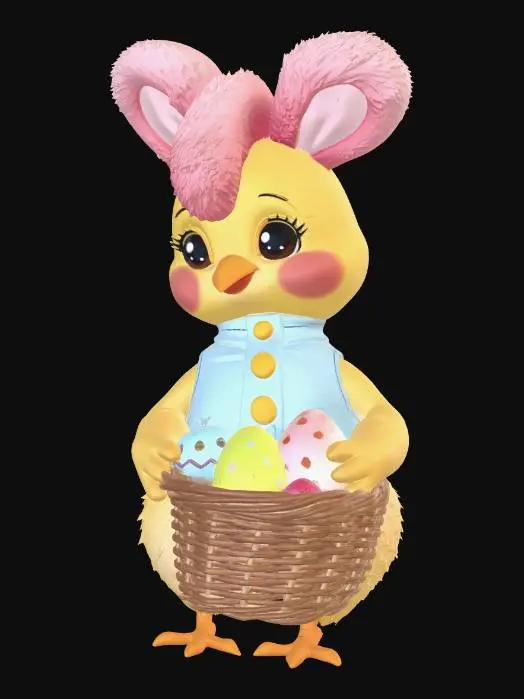 3D model for Chibi cartoon chicken character wearing oversized fluffy pink rabbit ears headband. Big sparkling eyes, tiny beak open in a happy smile. Round chubby body with soft yellow feathers. Wearing a pastel blue Easter vest with gold buttons. Holding a woven basket overflowing with colorful decorated Easter eggs in pink, purple, green, and gold with polka dots and zigzag patterns. One cracked egg at its feet with a tiny baby chick peeking out. Standing on bright green grass with scattered daisies. Stylized kawaii aesthetic, soft pastel color palette, smooth cel-shaded textures, clean topology. #EasterEgg2026#