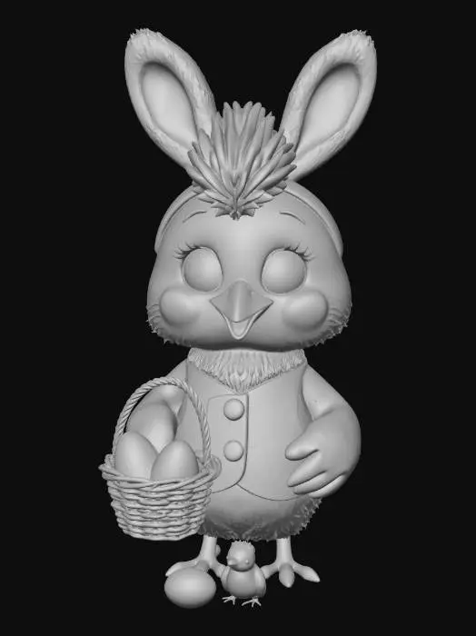 3D model for Chibi cartoon chicken character wearing oversized fluffy pink rabbit ears headband. Big sparkling eyes, tiny beak open in a happy smile. Round chubby body with soft yellow feathers. Wearing a pastel blue Easter vest with gold buttons. Holding a woven basket overflowing with colorful decorated Easter eggs in pink, purple, green, and gold with polka dots and zigzag patterns. One cracked egg at its feet with a tiny baby chick peeking out. Standing on bright green grass with scattered daisies. Stylized kawaii aesthetic, soft pastel color palette, smooth cel-shaded textures, clean topology. #EasterEgg2026#