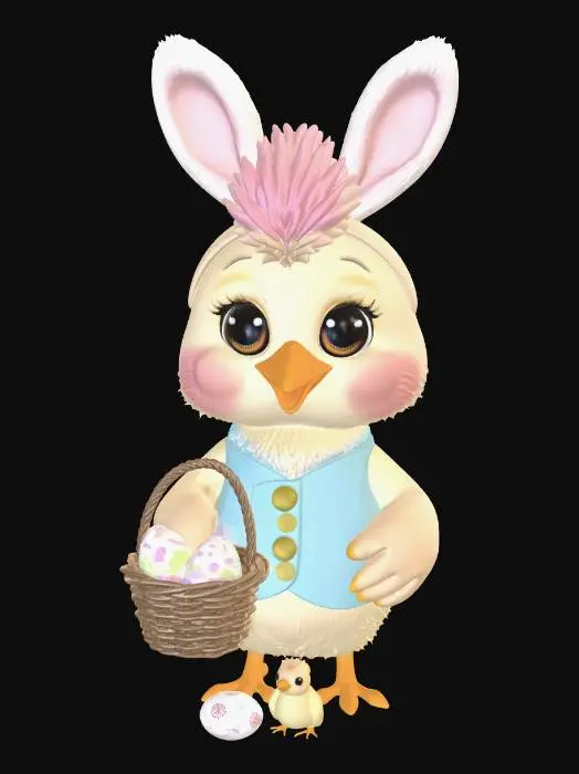 3D model for Chibi cartoon chicken character wearing oversized fluffy pink rabbit ears headband. Big sparkling eyes, tiny beak open in a happy smile. Round chubby body with soft yellow feathers. Wearing a pastel blue Easter vest with gold buttons. Holding a woven basket overflowing with colorful decorated Easter eggs in pink, purple, green, and gold with polka dots and zigzag patterns. One cracked egg at its feet with a tiny baby chick peeking out. Standing on bright green grass with scattered daisies. Stylized kawaii aesthetic, soft pastel color palette, smooth cel-shaded textures, clean topology. #EasterEgg2026#