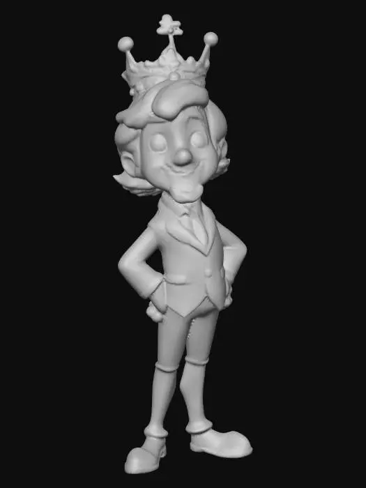 3D model for Personaggio ispirato a carlo III versione cartoon 2015, in abito nero con camicia bianca cravatta blue royal, pantaloni neri e corona in testa.